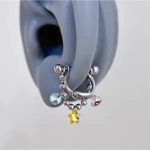 Dopamine Sparkle Star Cartilage Stud |   Hypoallergenic Stainless Steel Double-Layer Ear Chain Design Earring Ear Studs