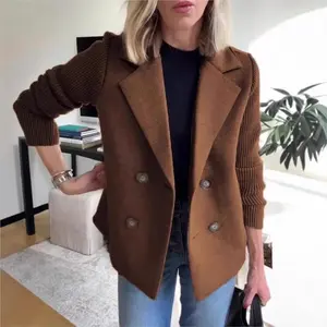 Spring Fall Suit Collar Casual Coat Women Knitted Long Sleeve Tweed Office Jacket Blend Wool Coat Double Breasted Blazer Female Can be used with raincoat