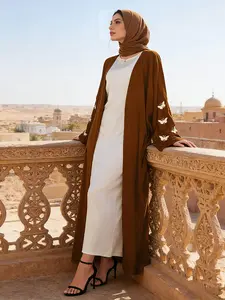 Women's Butterfly Embroidered Open Front Islamic Abaya without Hijab, All Seasons Use, Modest Long Sleeve Long Abaya, Butterfly Abayas, Arabic Clothing for Women, Butterfly Embroidery