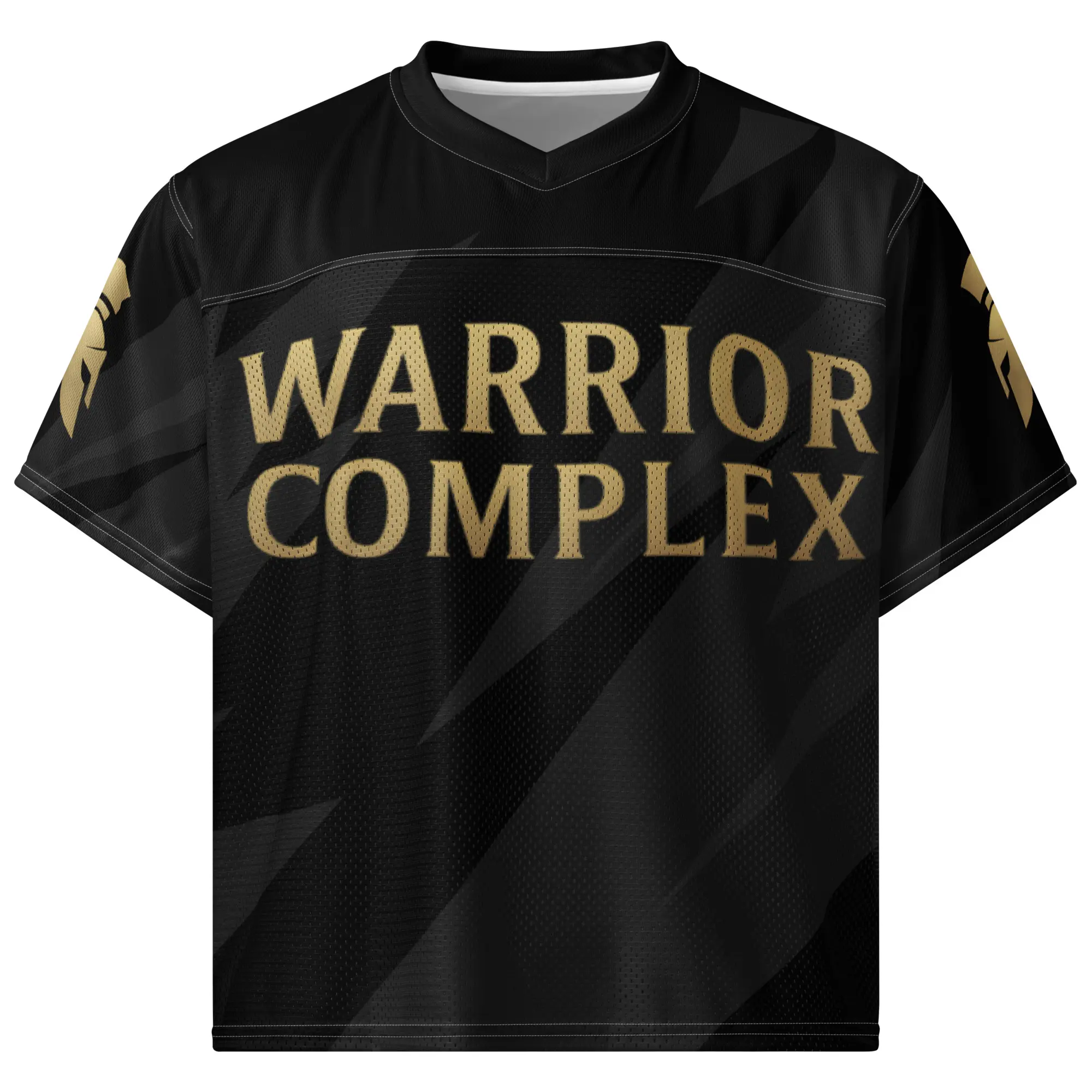 Warrior Complex Gold Spartan Jersey Black with Metallic Gold Detailing Relaxed Athletic Fit Short Sleeve Crew Neck Breathable Mesh Summer Menswear Top