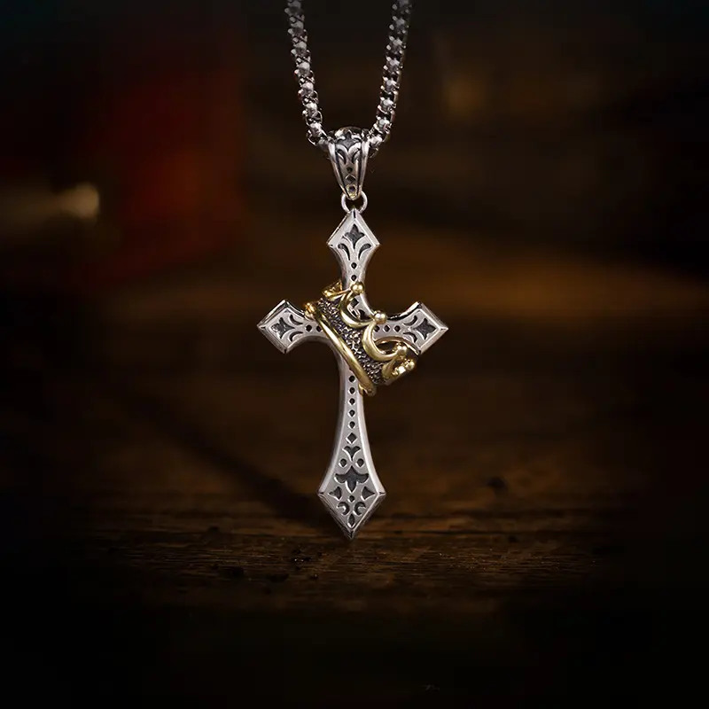 GGIRL Unisex Punk Cross Gothic Titanium Steel Crown Pendant Chain Necklace, Personalized Retro Metal Coating Jewelry, Cadmium-Free for Daily Wear