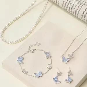 Summer niche high-end elegant exquisite blue crystal butterfly rhinestone necklace jewelry for women