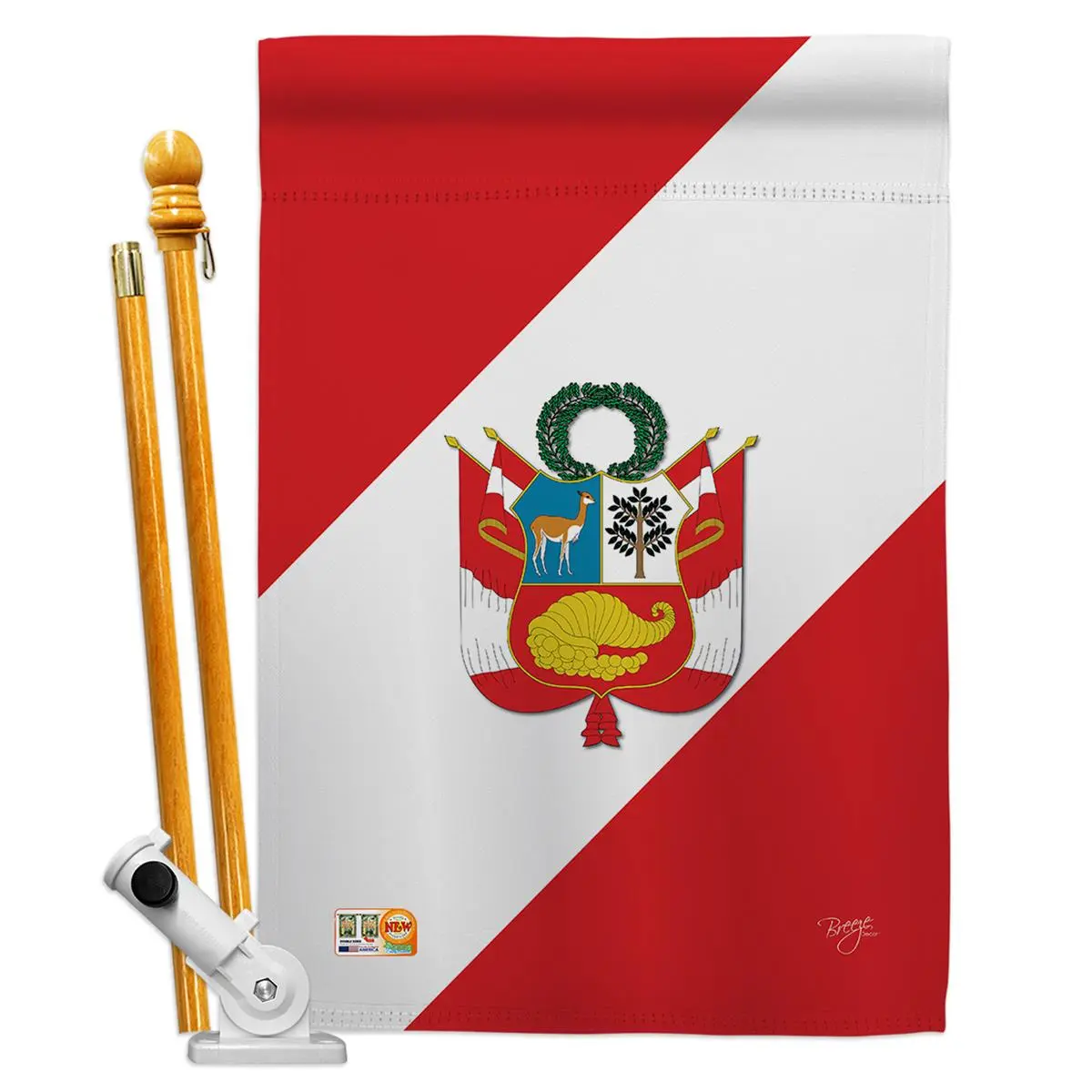 212 MAIN 28x40 in. Wooden Peruvian National Flag Print Banners - Vertical, Double-Sided Hanging House Flag Set with Pole Bracket, Hardware for Outdoor & Home Decor (BD-CY-HS-108153-IP-BO-D-US13-BD)
