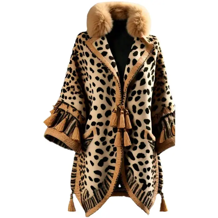 Women’s Leopard Print Jacquard Cape Coat with Faux Fox Fur Shearling Collar Thickened Lined for Winter