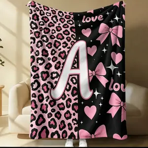 Y2K Girly Pink Leopard Bow Flannel Blanket, Heart Initial A-Z Print Throw Blanket, Sweet Sparkle Love Warm Blanket for Teen Girls, Cute Girly Aesthetic Birthday Gift Blanket, Cozy for Couch Bed Sofa Travel, Leopard Pattern Blanket