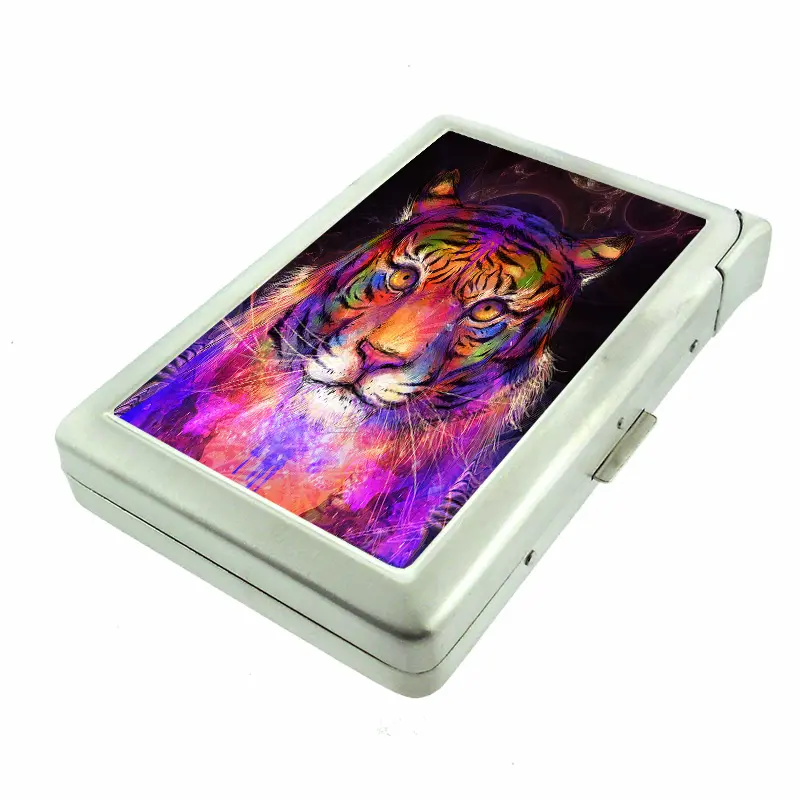 Colorful Tiger 100's Sized Metal Case with Built in Lighter Wallet
