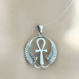 Sterling Silver 925 Ankh Cross with Wings Pendant Charm