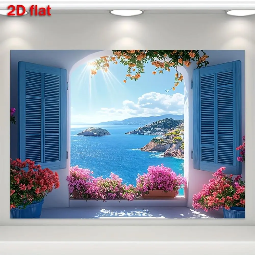 Reusable Durable Polyester 2D Flat Banner Print - Mamma Mia-Inspired Blue Blinds, Aegean Sea, Flower Design, Festive Party Photo Backdrop for Birthday, Bridal Shower Decor