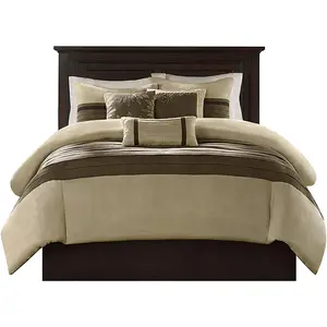 Madison Park Palmer Comforter Set-Luxury Faux Suede Design, Striped Accent, All Season down Alternative Bedding, Matching Shams, Decorative Pillow, Bed Skirt, Queen (90 in X 90 In), Natural 7 Piece