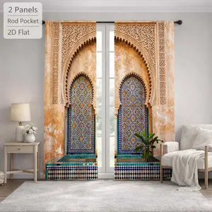 2Pcs Moroccan Style Mosaic Arch Pattern Sun Blocking Curtains Digital Printed Rod Pocket, Window Treatment For Bedroom Office Kitchen Living Room Study Home Decor,summervibes