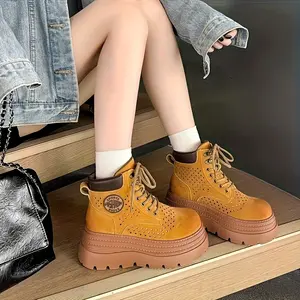 Chunky Platform Boots Women's Slip-Resistant Thick Sole Lace-Up Closure Synthetic Upper Non-Slip Rubber Outsole Cushioned Insole All-Day Comfort Red Brown Pink Black White Beige Formal Apricot Footwear Walking Shoes