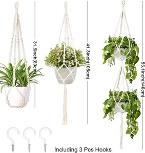 3 Pack Macrame Plant Hangers Outdoor Indoor Wall Hanging Planters+ 3 PCS Hooks, Handmade Hanging Plant Holder Basket Stand Flower Pot Holder for Indoor Outdoor Boho Home Decor(4 Legs, 3 Sizes)