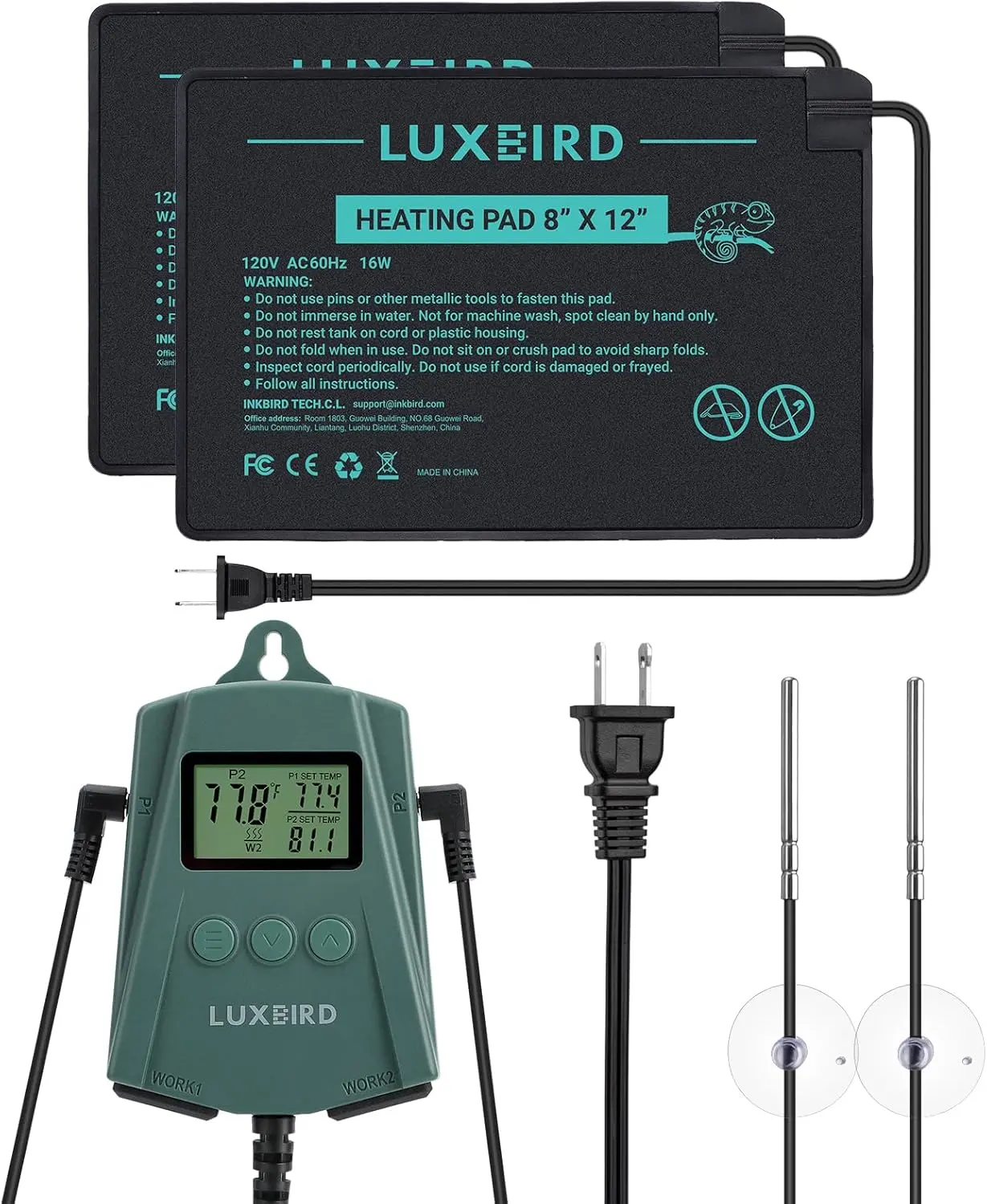 Luxbird 8x12 inch Thermostatic Reptile Heating Pad Combo Set - Dual-Output LB-2SC Thermostat, 2 Reptile Pads, Water-Resistant Durable Flexible Under-Tank Terrarium Mat, Easy Setup for Turtles, Two Reptil Heating Pads