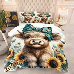 Cute Highland Cow Quilt/Comforter Set (2/3 Pcs): Includes 1 Quilt + 1/2 Pillowcases (No Filler), Flower Butterfly Hotel Room Camping Tent, Family Bedroom, Apartment Bedroom, Gift for Kids, Couples, Family, Colleagues, Animal, Quilt Bedding Set