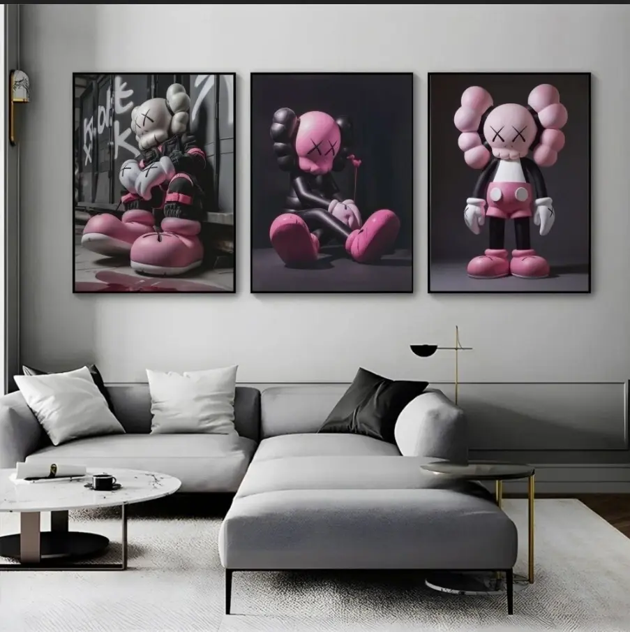 Set of 3 Kaws Pink & Black Art pieces canvas wall home decor Portrait Gallery