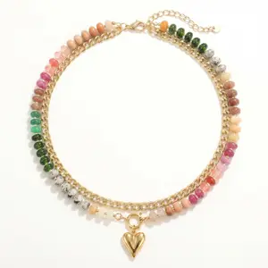 Dopamine-enhanced colored beaded double-layer necklace, heart-shaped pendant chain, clavicle chain, unique stacked heart pendant, women's jewelry gift.