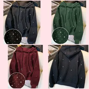 Rhinestone Embellished Women's Regular Hooded Long Sleeve Sweatshirt, Autumn/Winter Pullover Fall