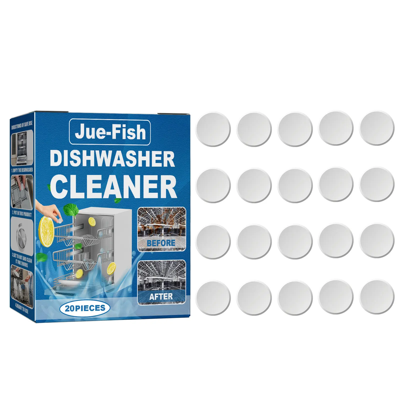 Lemon Solid Dishwasher Cleaner Sheets, 20-Piece Small Size High Efficiency Pack, Deep Clean Stain & Grease Remover, 3-Year Freshness, Sodium Citrate & Nonionic Surfactant, Hot Cycle Compatible, No Tears, Safe for Built-In/Desktop/Drawer Dishwashers