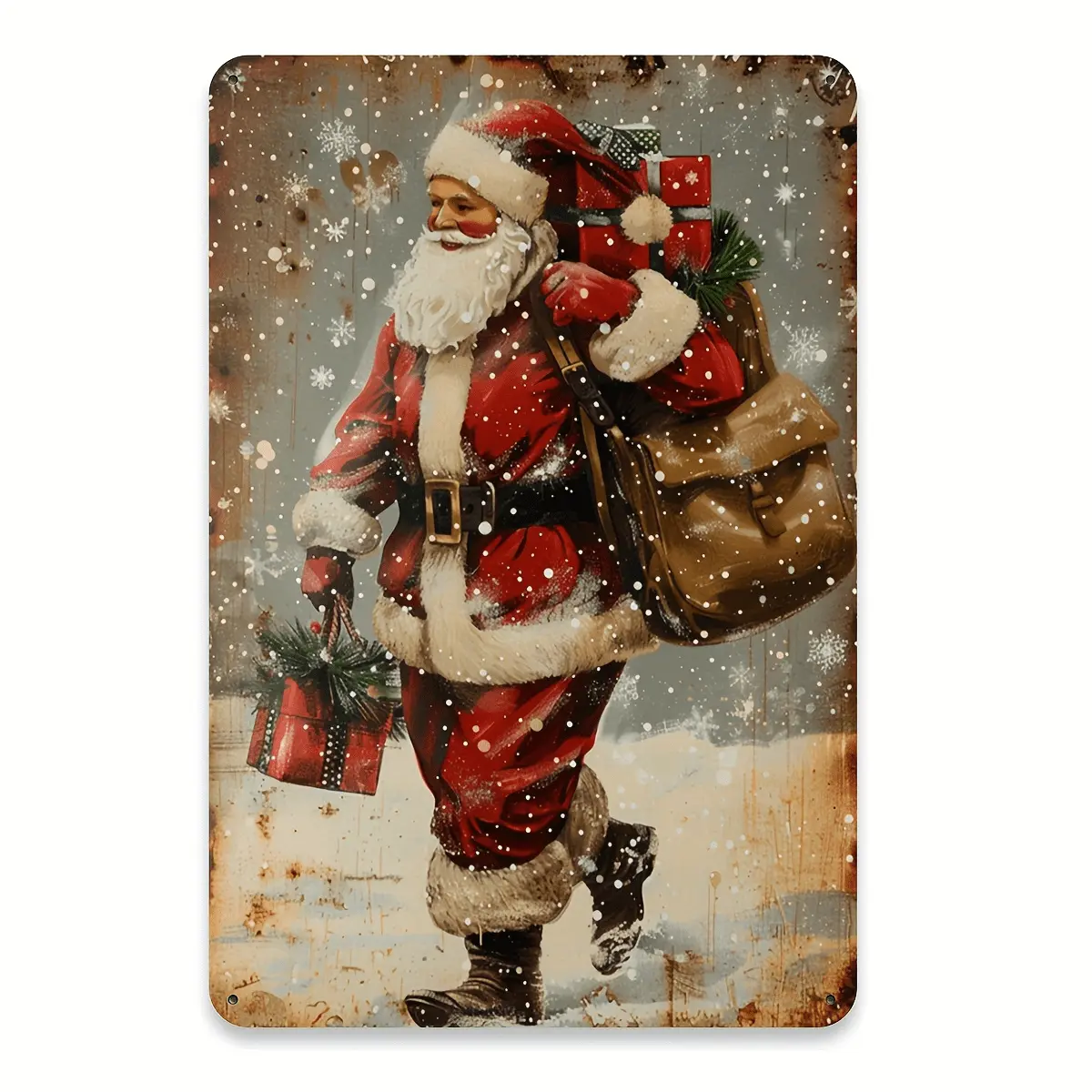 Vintage Santa Claus Metal Tin Sign, 8x12 in Durable Iron Decor Accessory, Snowy Holiday Scene Wall Art for Homes, Restaurants, Festive Christmas Room Accent, Decor Accessories