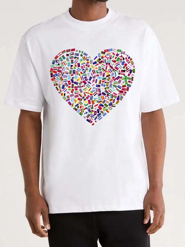 Heart Peaceful World Flag&Heart Print Cozy Cotton Basic ,world tshirts, Top