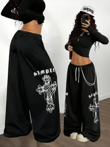 Women's Cross Print Casual Loose Long Pants, Daily Wear Versatile Straight Leg Wide Leggings, Home and Outdoor Use, Womenswear Bottoms, Casual Street Trousers
