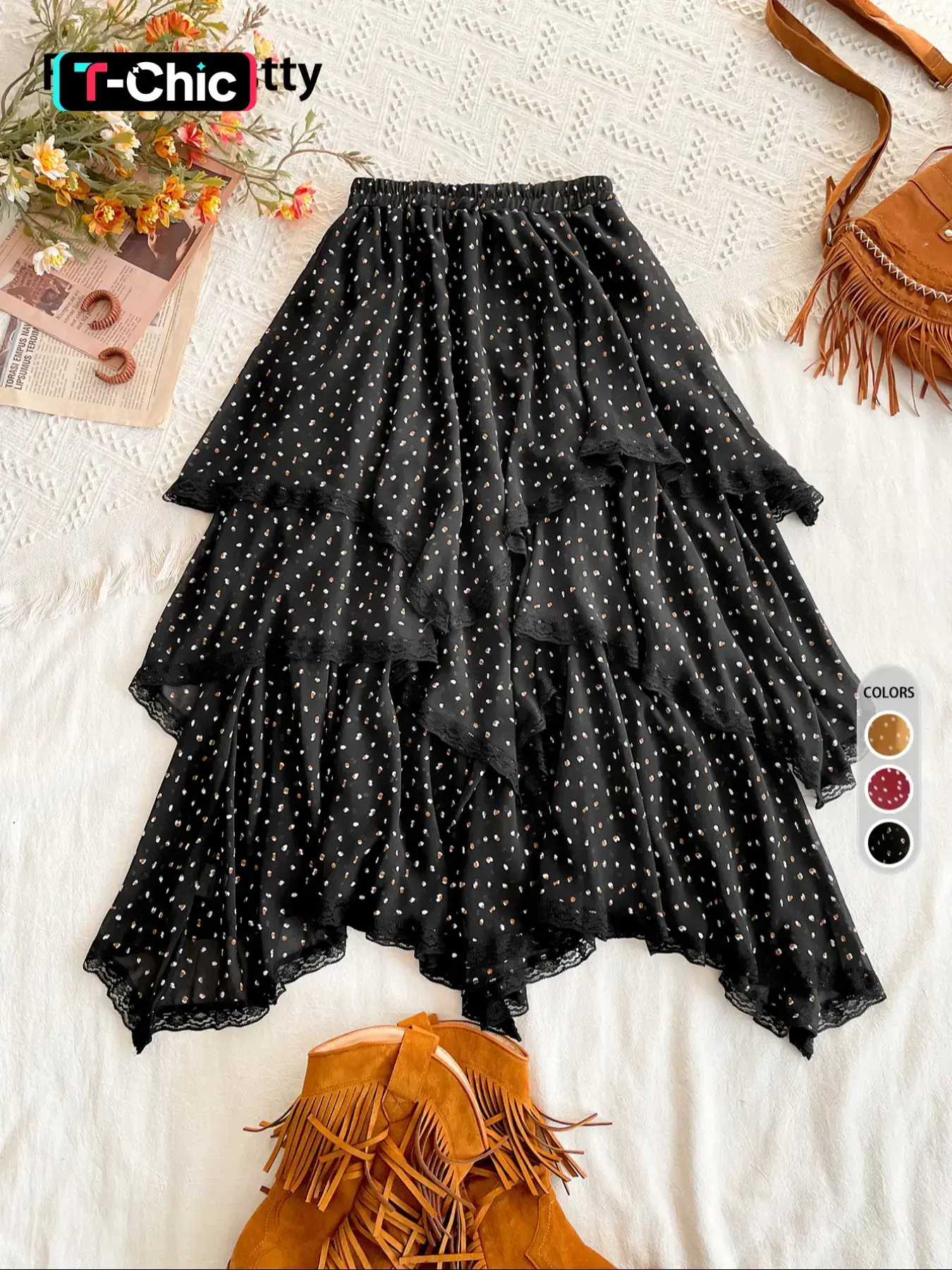 Women's All Over Print Contrast Lace Ruffle Trim Ruffled Hem Tiered Layer Fitted Skirt, Aesthetic Fashionable Skirt, Chic Elegant Skirt, Boho Elastic Waist Long Skirt for Daily Holiday Vacation Wear, Ladies Bottoms for All Seasons