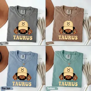Comfort Colors [All 12 Zodiac] Zodiac VibesT-Shirt – Mixed Texture Hat Graphic, Complete Horoscope Collection with Bold Patterned Text, Unisex Astrology Gift for Men & Women Love