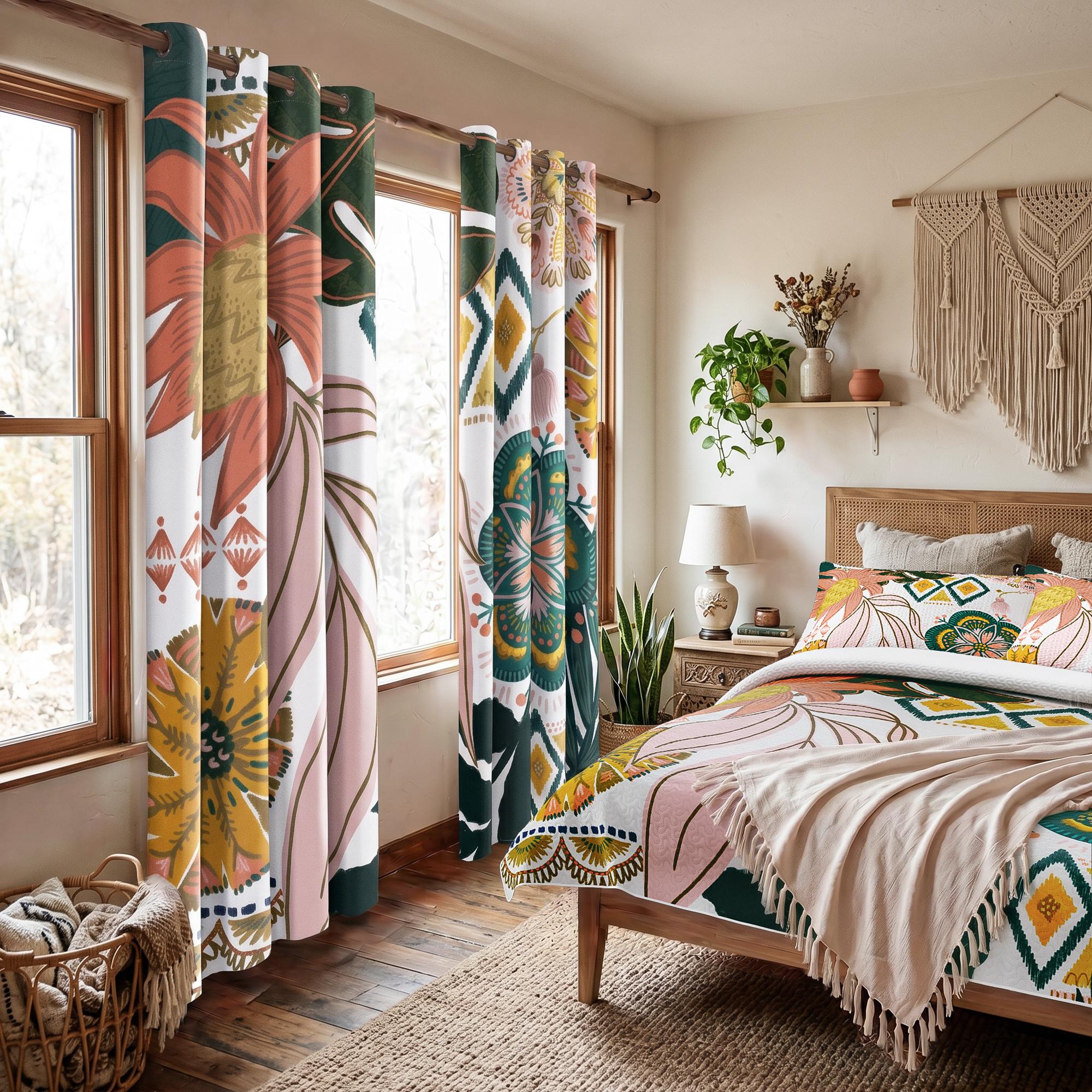 Tyrot Boho Floral 100% Blackout Privacy Grommet Curtains - 2 Panels, Mid-Century Patterned Colorful Drapes, Thermal Insulated Window Treatments, Funky Home Decor for Bedroom, Blackout Curtains, Curtains For Bedroom