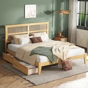 King Size Bed Frame with Rattan Headboard, Rubber Wooden Boho Bed Frames with 2 Storage Drawers and Support Legs,No Box Spring Needed, White Oak