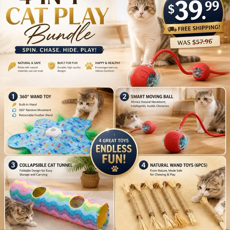 BY Pawmate No Bored Cats Toy BUNDLE Giftbox with Play Tunnel, Silvervine Dental Chew Stick, Automatic Ball Toy, and Interactive Starfish Play Mat