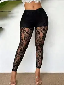 Women's Lace Sexy Pants, Trendy Fashion Mesh Long Pants, Hollow Out Transparent Sheer Party Wear, Stylish, Slim and Bold Design