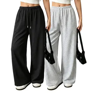 Women's 2-Pack Oversized Wide Leg Sweatpants - 2 Black + Gray Basic Elastic Smooth Baggy Streetwear Joggers, Drawstring Adjustable Waist, Light Breathable Fabric for Casual OOTD Wear, Essential Womenswear Bottoms
