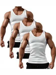 Men's Ribbed Solid Color Tank Top 3 Piece Set, Slim Fit High Elastic Breathable Fabric, Casual Gym Training Daily Wear Workout Vest