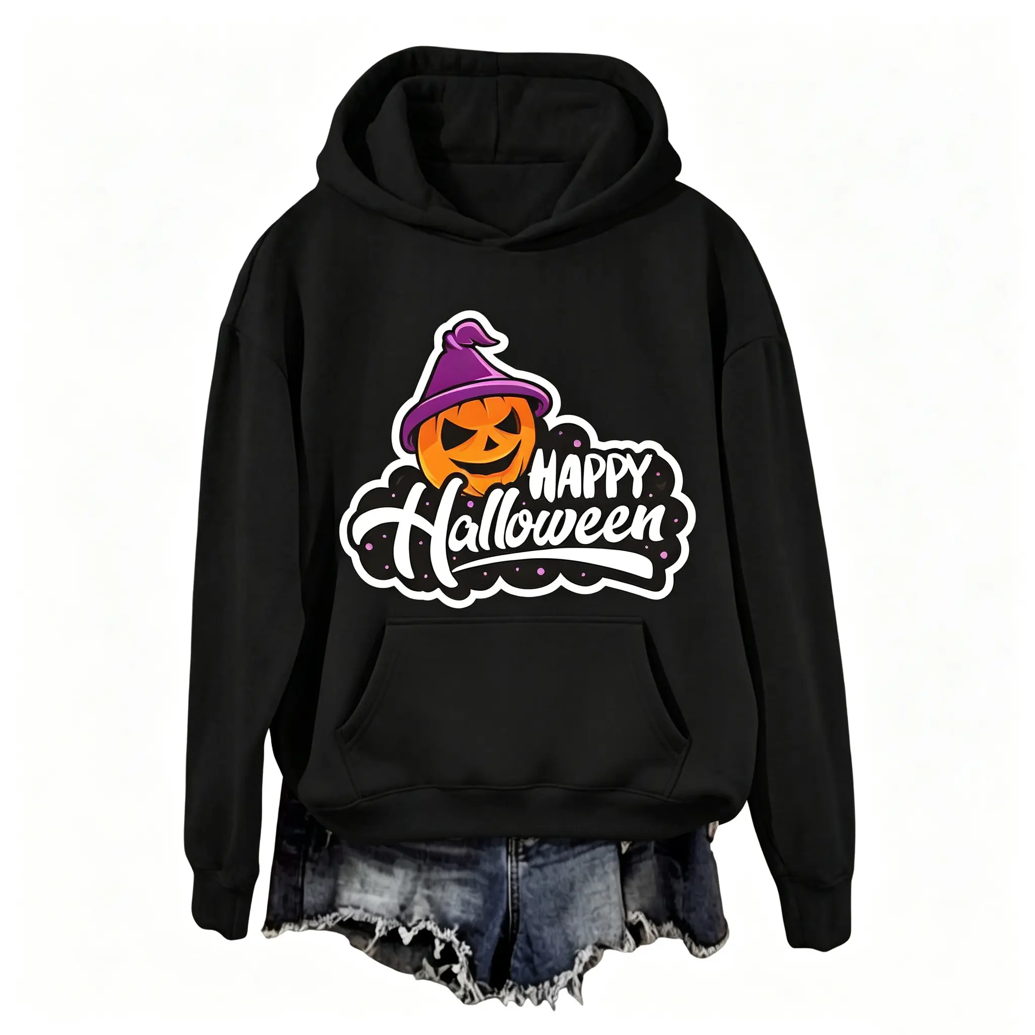 Oversized Hooded Halloween Distressed Pumpkin Letter Graphic Sweatshirt Casual Pullover Hoodie