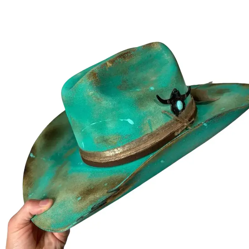 Rustic Turquoise Cowboy Hat with Distressed Look and Brown Band