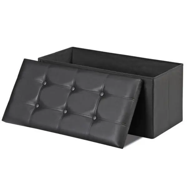 JupiterForce PVC Leather Foldable Ottoman Footstool with Storage - 30-in Step Stool, 80L Built-in Storage, Quick-Setup Cushioned Compact Bench for Bedroom, Hallway, Black