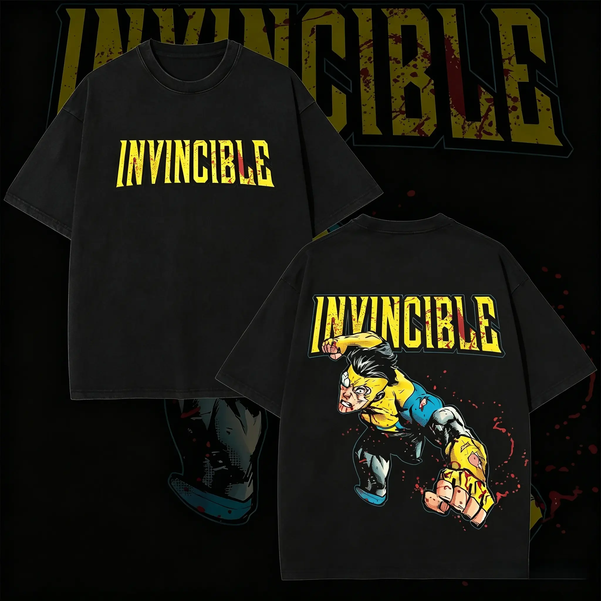 Retro Washed Invincible T-Shirt | Mark Grayson Superhero Graphic Tee, Vintage Washed Black Cotton Crewneck, Casual Outdoor Streetwear, Unisex Short Sleeve Shirt for Men Women，funny graphic tee, men’s trendy t-shirts, Vibe Tshirt