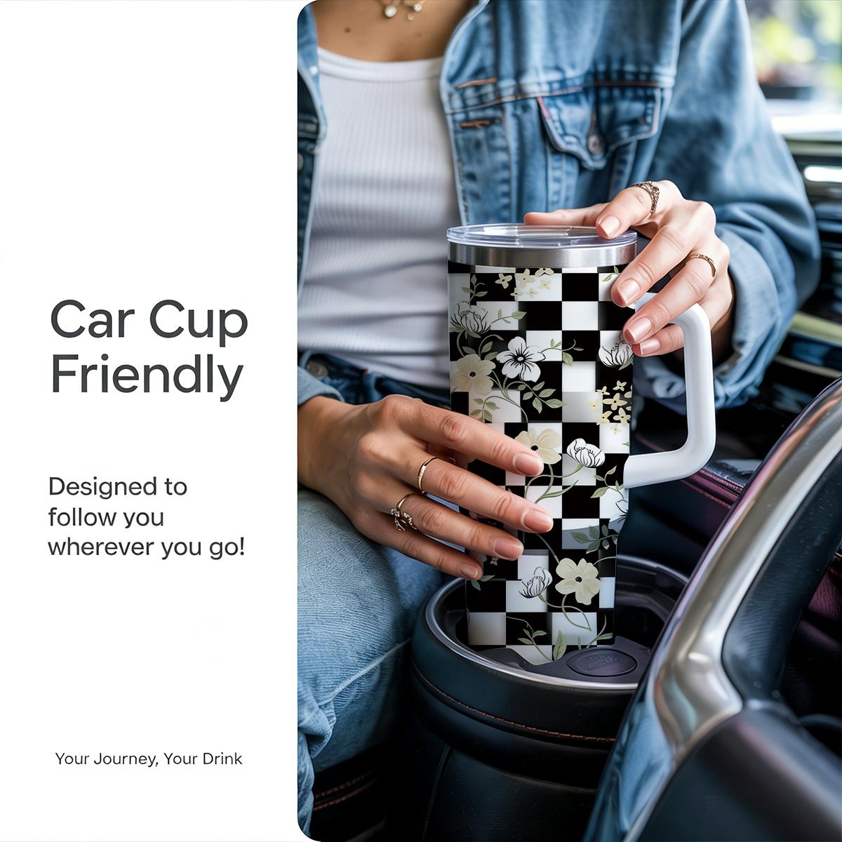 30 oz Sweet & Edgy Checkerboard Floral Insulated Tumbler, Y2K Aesthetic Black & White Checkered Travel Mug with Cream Flowers, Comfort Handle & Straw, Preppy Gift for Her, 48H Iced