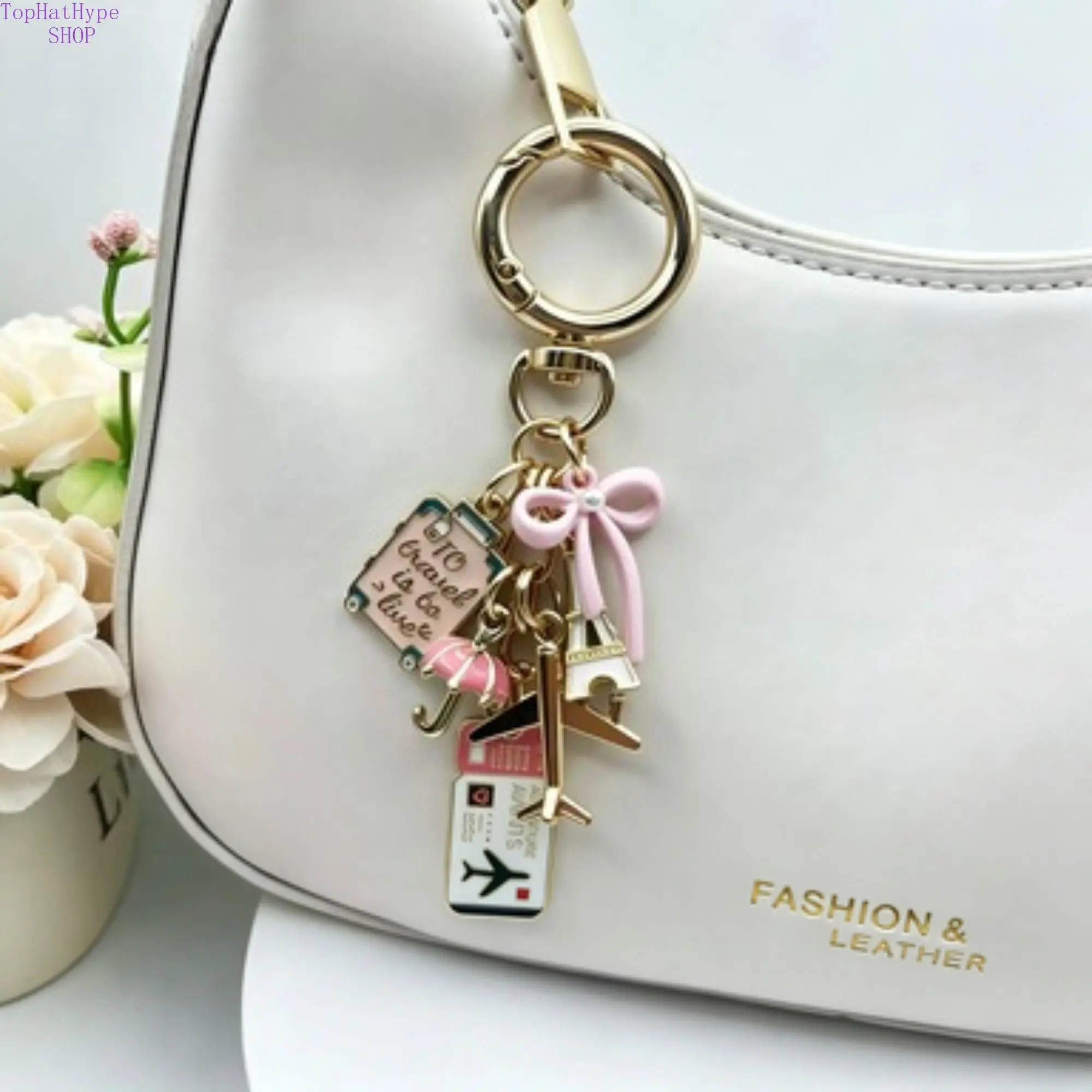 Elegant Bow Travel Keychain Pendant,Travel-Themed Keychain with Bow/Tower/Airplane/Ticket/Luggage Charms Umbrella Accents Airplane Keyring,Trip Keychain Enamel Pendant Men Women's Keyring Decoration Bag Handbag Charm for Backpacks,Car Accessories Charm