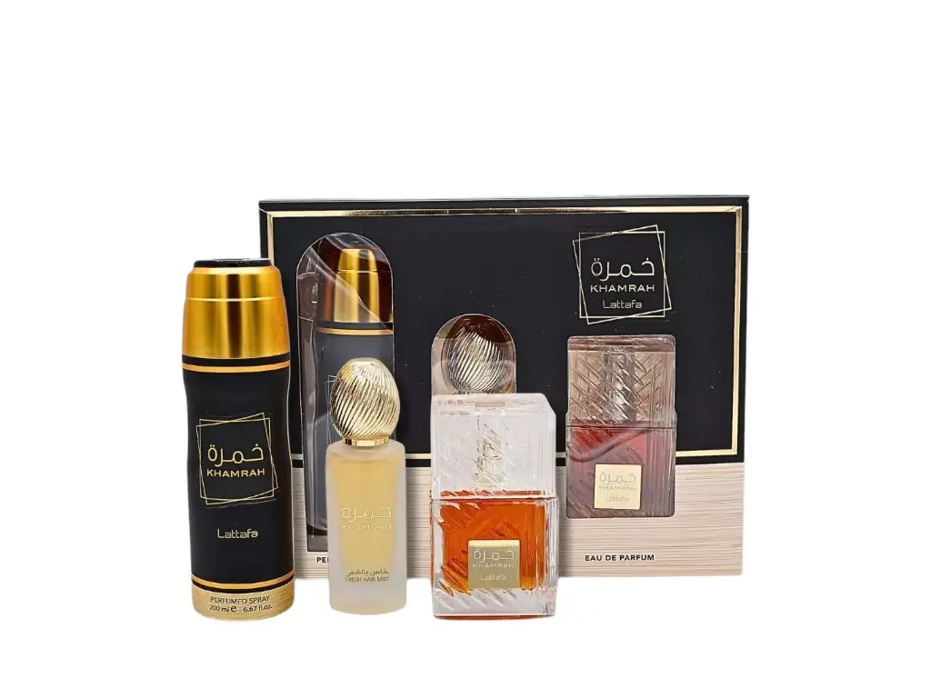 Lattafa Khamrah Floral Fragrance Blend Multi-Pack Gift Set - 100ml EDP, 200ml Body Spray, 50ml Hair Mist