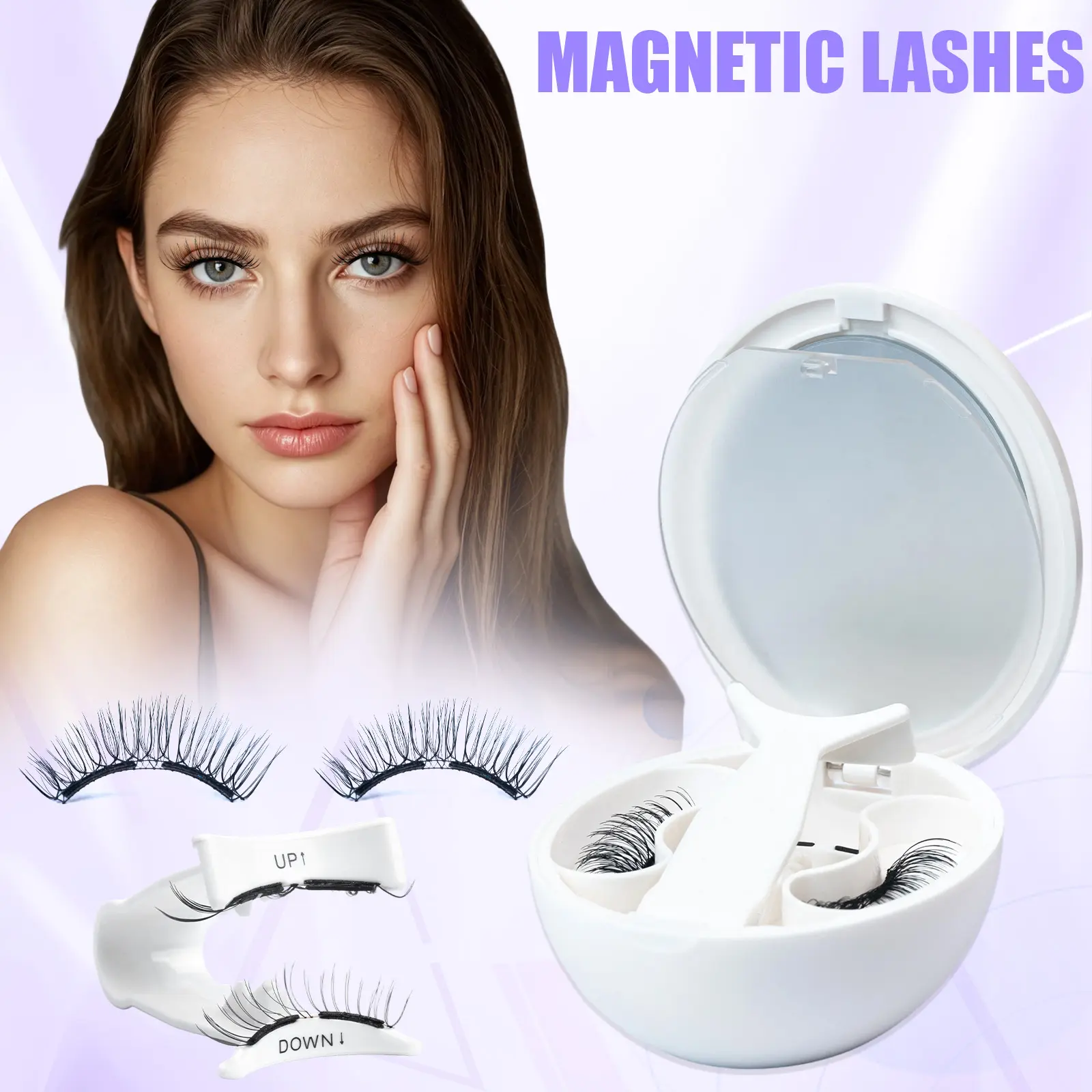 Vola 3-in-1 Magnetic Eyelashes Kit with Applicator & Mirror Case, 4PCS C Curl 0.18mm 7-11mm Mixed Nature Handcrafted Glue-Free Soft Lashes, Makeup Gift Set for Beginners