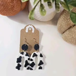 Cowprint Earrings - Handmade Polymer Clay Fish Hook Dangle Earrings for Women