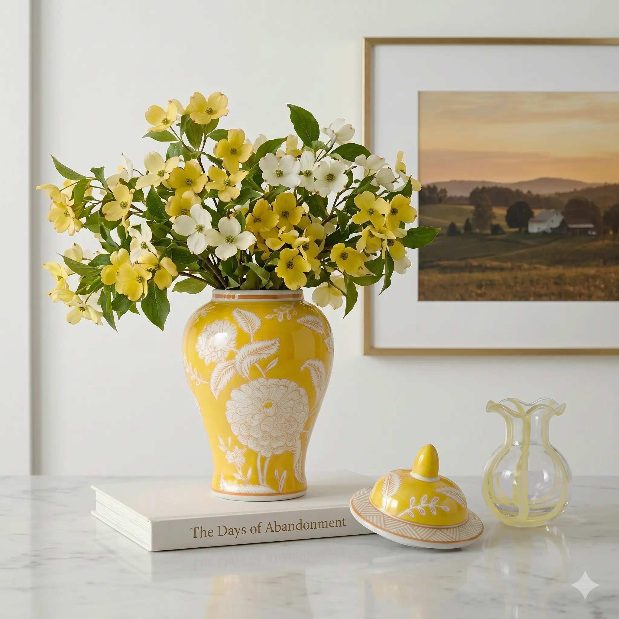 11″ Rich Yellow Glaze Ginger Jar with Lid Porcelain Chinoiserie Hand-Painted Lotus Motif Floral Ginger Jars for Home Decor Temple Jar Ceramic Interior Design Living Room Decor Chinoiserie Vase