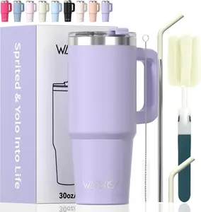 30 oz Stainless Steel Portable Tumbler - Leakproof Lid, Straw, Handle, Double Wall Insulated Vacuum Flask (34 Hours Cold) for Iced Tea, Coffee