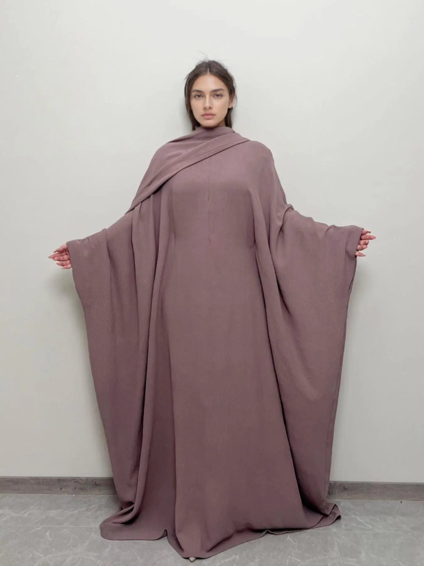 Butterfly Sleeve Ruched Dress, Loose-Fitting Long Sleeve Zipper Design, Modest Plain Style for All Seasons, Women's Fashion, Elegant Islamic Clothing, Batwing Sleeve Abaya