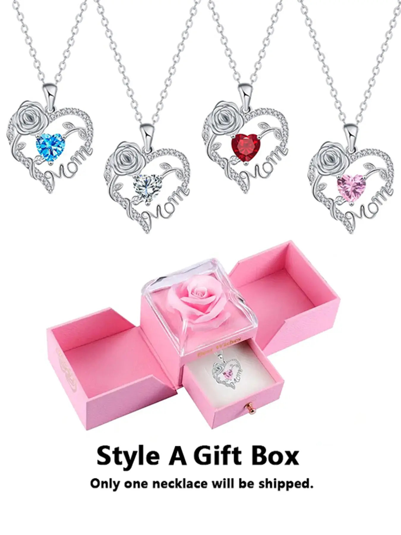 Mother's Day Rose Jewelry Gift Box, Flower bouquet necklace, Chain Necklaces, featuring a heart-shaped rose pendant necklace for Mom. The perfect gift for mothers and grandmothers, an excellent choice for Mother's Day or Valentine's Day