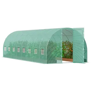VEVOR Walk-in Tunnel Greenhouse, 20x 10x 7 ft Portable Plant Hot House with Galvanized Steel Hoops, 3 Top Beams, Diagonal Poles, 2 Zippered Doors 12 Roll-up Windows, Green