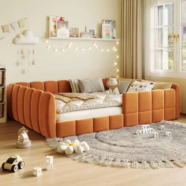 [Bellemave] Full Size Velvet Upholstered Floor Bed, Pumpkin Orange