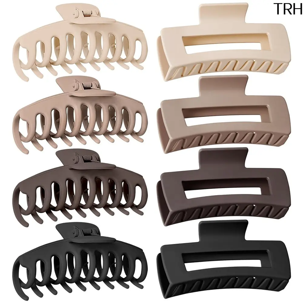 Neutral Matte Hair Claw Clips 8 Pack, Large Rectangle & Curved Shark Claw Clip Set for Thick Hair, Minimalist Neutral Tone Non Slip Hair Barrettes for Women Daily Hairstyle