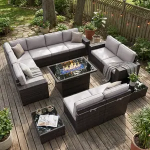 【7 Packages Shipping】LayinSun 13 Pieces Outdoor Patio Furniture Set with 44" Fire Pit Table Brown Rattan Sectional Sofa Conversation Sets summervibes summervibes